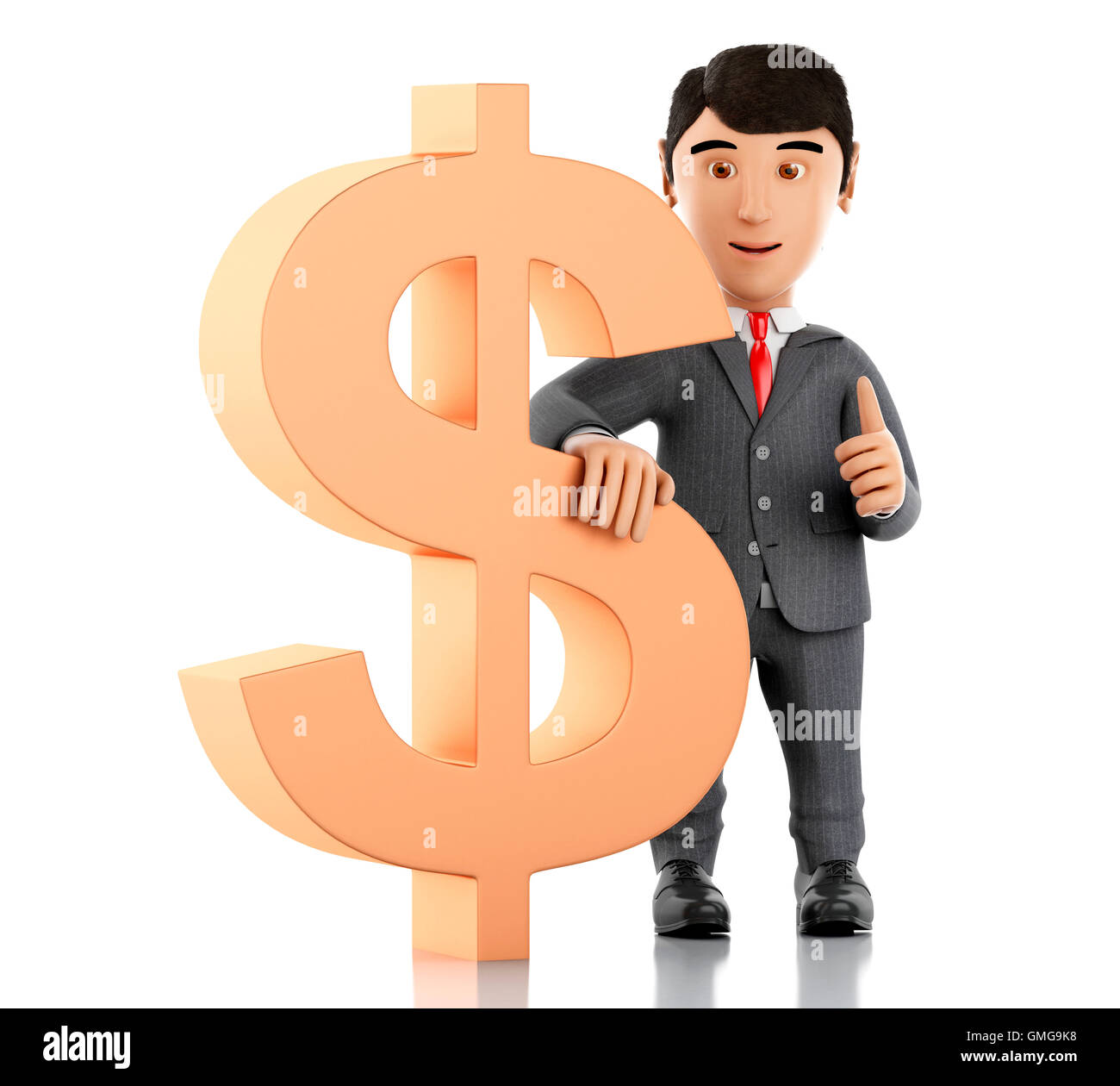 3D renderer immagine. Imprenditore con segni di dollari. Il concetto di business. Isolato sullo sfondo bianco. Foto Stock