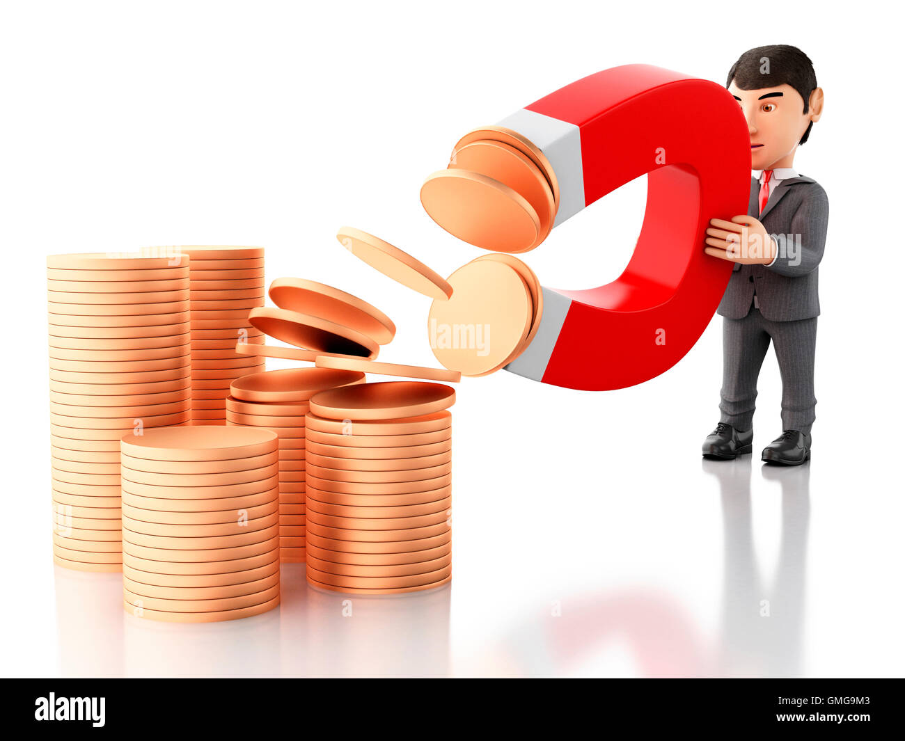 3D renderer immagine. Imprenditore con un magnete per attrarre il denaro. Il concetto di business. Isolato sullo sfondo bianco. Foto Stock