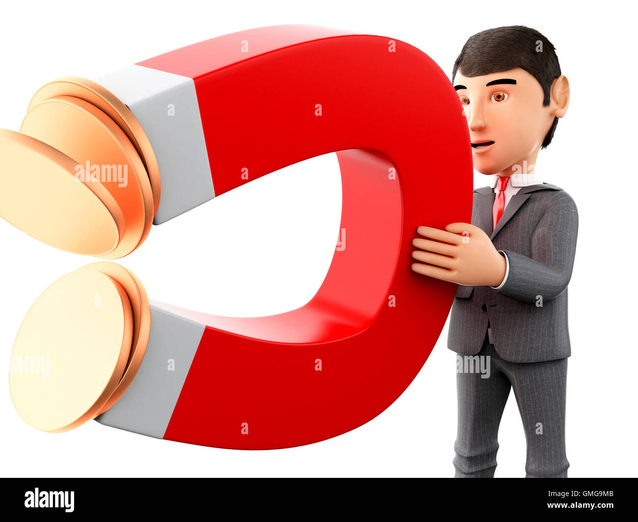 3D renderer immagine. Imprenditore con un magnete per attrarre il denaro. Il concetto di business. Isolato sullo sfondo bianco. Foto Stock