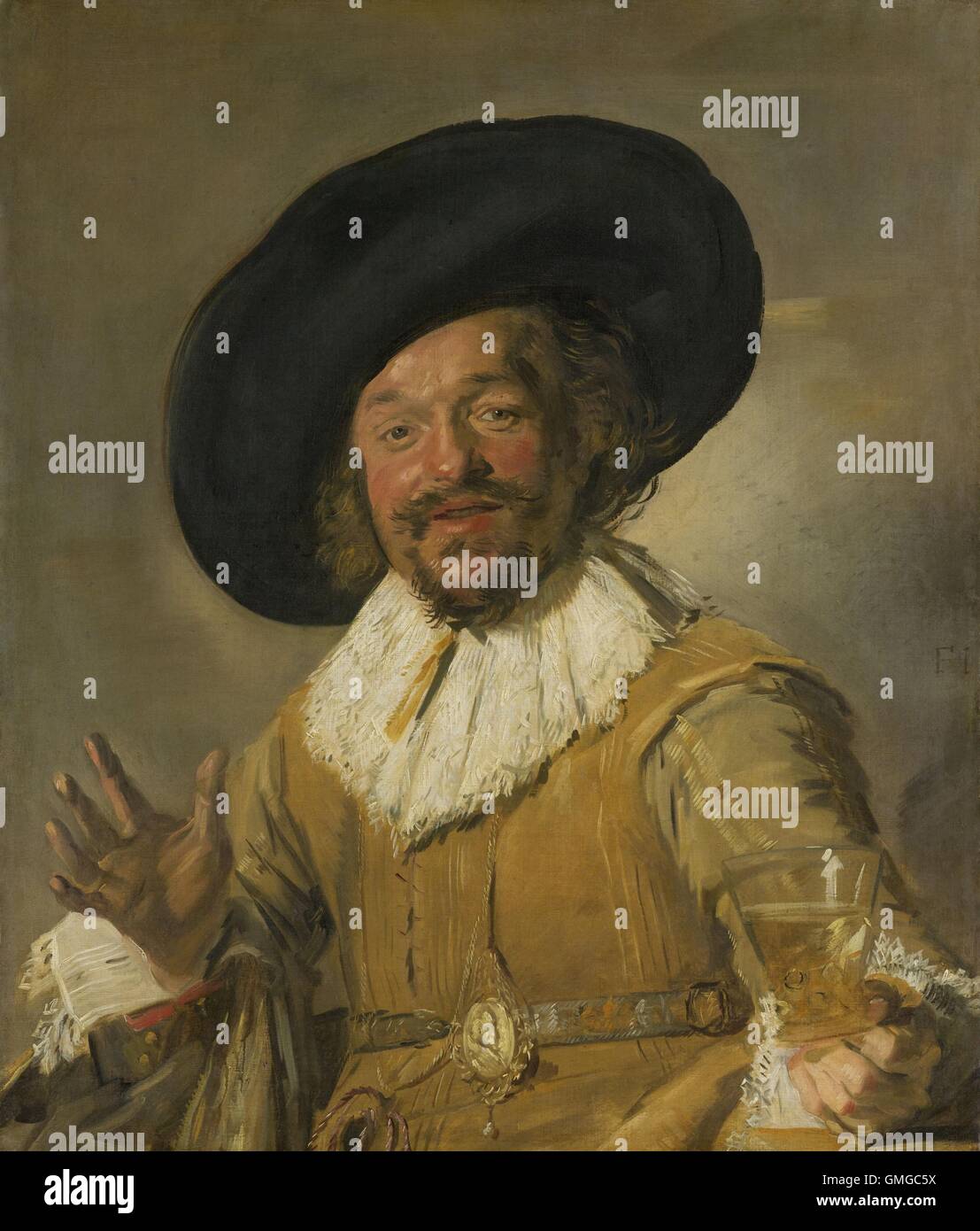 Bevitore allegro, da Frans Hals, 1668-1630, pittura olandese, olio su tela. Anche nota come 'un militiaman tenendo un Berkemeyer'. Uomo sorridente con la barba e big black hat, con un bicchiere in mano sinistra e destra sollevata la mano (BSLOC 2016 3 155) Foto Stock