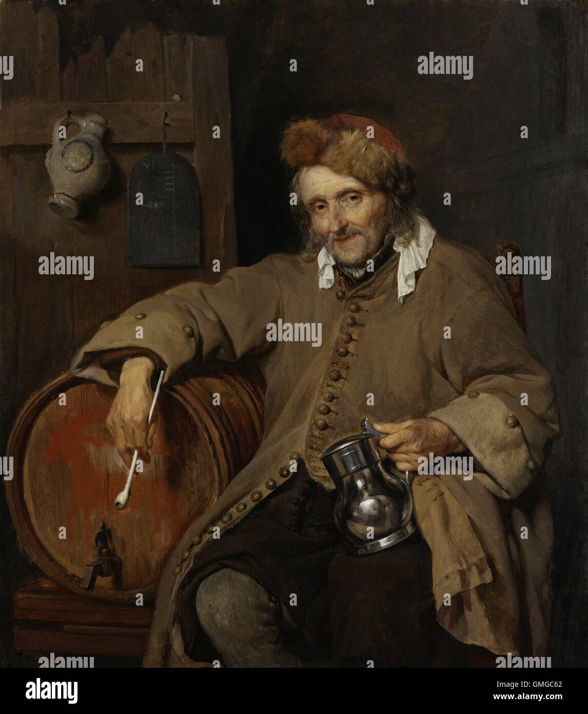 Il vecchio bevitore, da Gabriel Metsu, 1661-63, pittura olandese, olio su pannello. Uomo anziano tenendo un il boccale di birra e un gambo lungo Foto Stock