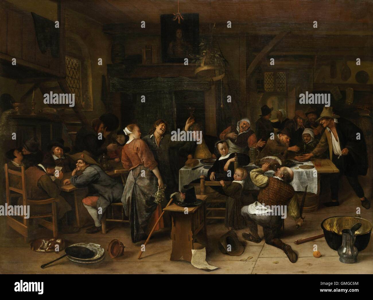 Il principe del giorno, da Jan Steen, 1660-79, pittura olandese, olio su pannello. Taverna sulla festa popolare-giorno festeggiato il compleanno (nov. 14, 1660) del principe Guglielmo III di Orange-Nassau. Il revelers non prendere nessun avviso di il ritratto del principe "guarda" la scena (BSLOC 2016 3 163) Foto Stock