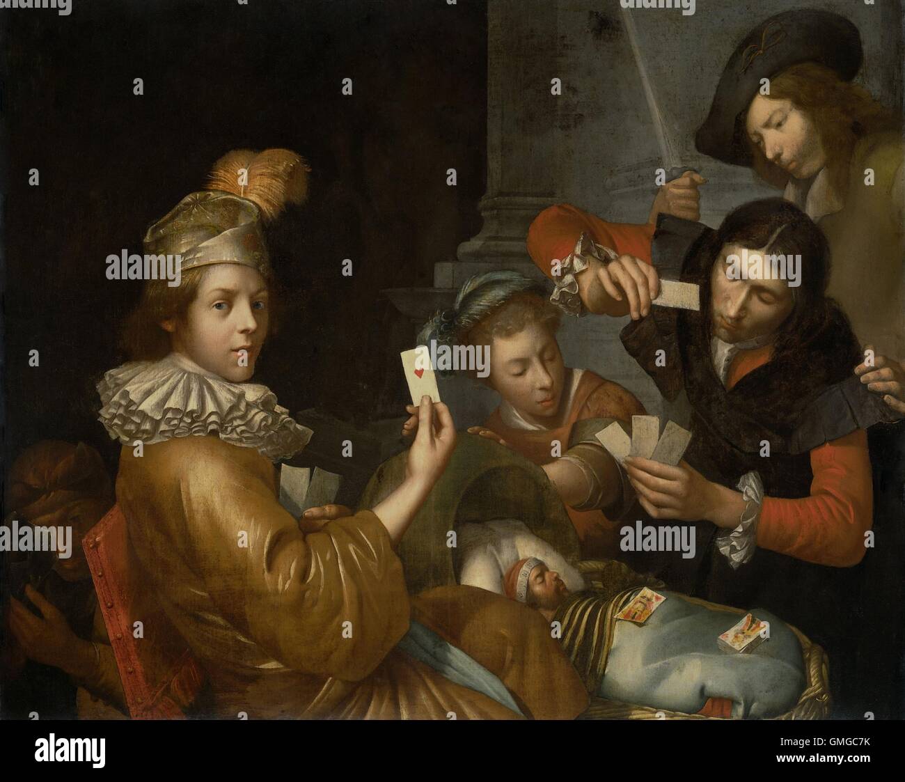 Gioco di carte sulla culla: allegoria, attrib. a Johannes van Wijckersloot, 1643-83, olandese la pittura ad olio. Il bambino nella culla ha una barba e la struttura facciale di un uomo adulto. Come una donna rocce la culla, due uomini giocano a carte. Un terzo uomo detiene una spada e un quarto squat a sinistra (BSLOC 2016 3 174) Foto Stock