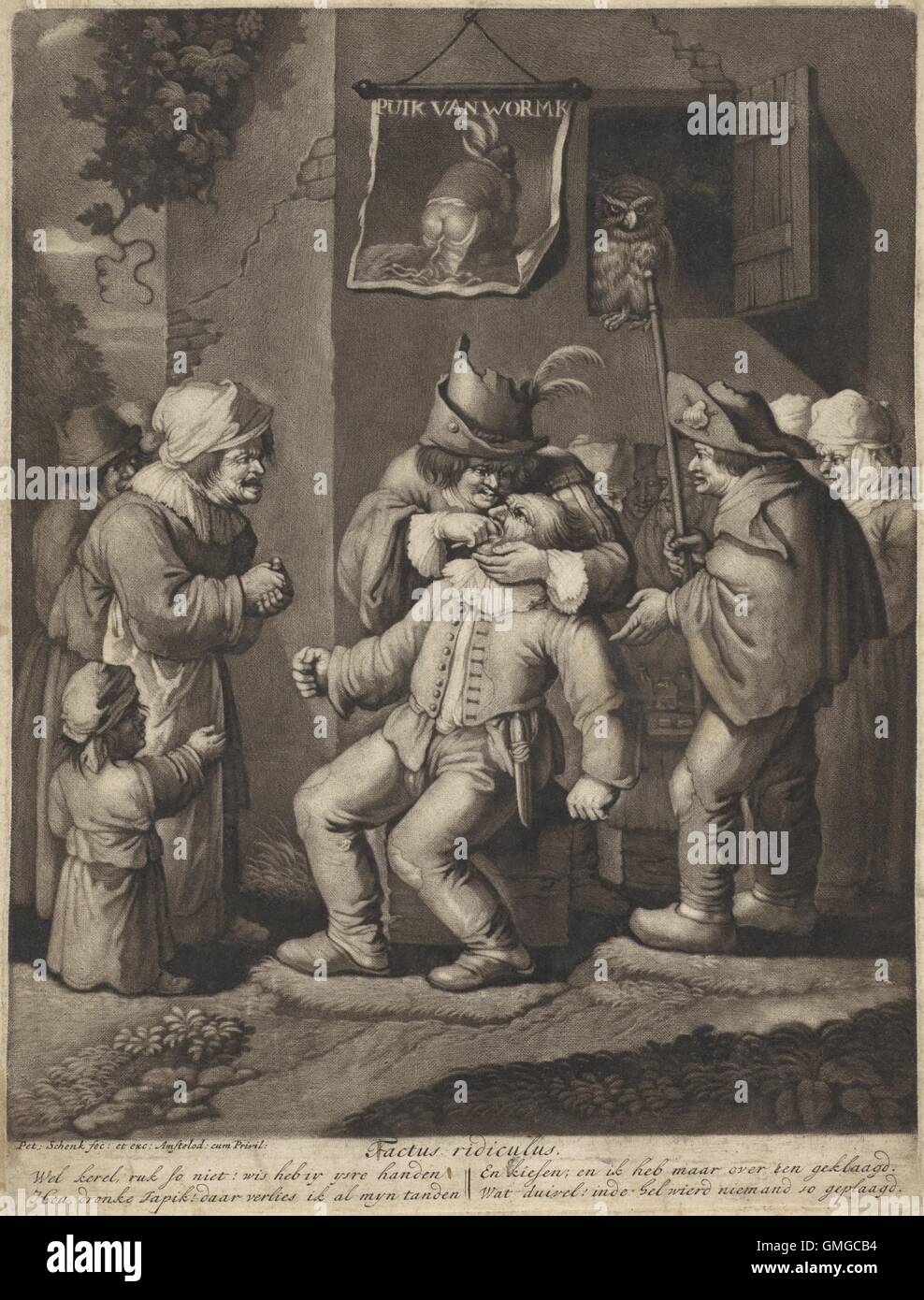 I cinque sensi: sensazione, da Pieter Schenk, Jan entrambi e Andries entrambi, 1670-1713, stampa olandese. Acquaforte su carta. Gli astanti guardare come un dentista considera un paziente e all'esterno. Il terrestre funzioni di stampa appeso un immagine di un uomo excreting un worm. Nella finestra si siede un gufo, quindi un simbolo di stupidità come si era assunto di non essere in grado di vedere nelle ore diurne (BSLOC 2016 3 203) Foto Stock