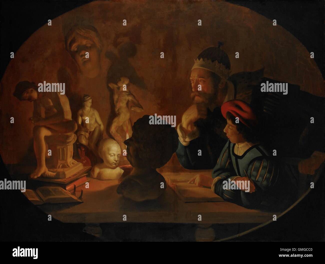 La lezione di disegno, di Jan ter Borch, 1634, pittura olandese, olio su tela. Un ragazzo richiama calchi in gesso a lume di candela, come un vecchio uomo orologi (BSLOC 2016 3 225) Foto Stock