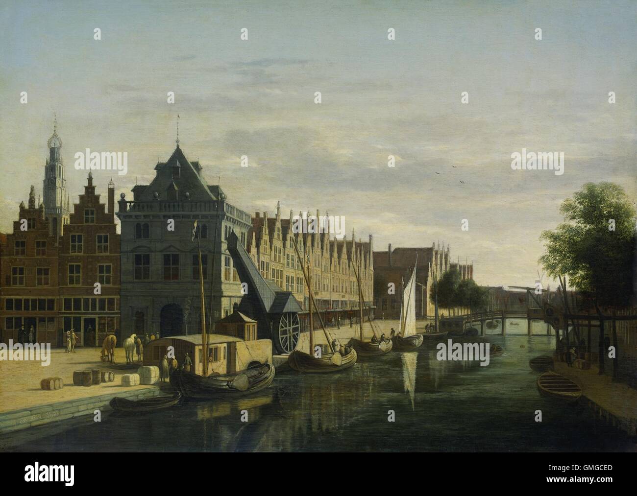 Casa di pesatura e gru sul Spaarne, Haarlem, da Gerrit Berckheyde, 1660-98, olandese la pittura ad olio. Una gru di legno è sulla banchina con piccole barche sono in acqua. In distanza sulla sinistra si trova la torre bianca del Bakenesserkerk (BSLOC 2016 3 263) Foto Stock