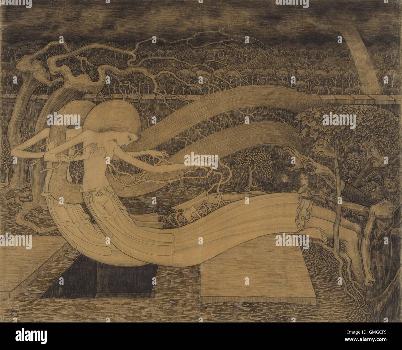 O Grave dove è la tua vittoria?, ma Jan Toorop, 1892, disegno Olandese,  gesso su carta. La morte, il mostro con figure sulla sinistra, guardare a  questo Uomo intrecciano con rami spinosi,