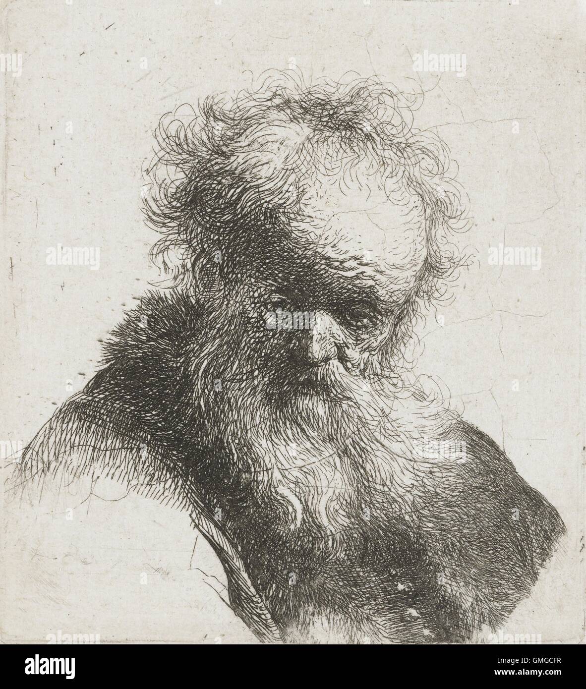 Uomo vecchio con barba lunga e camicia bianca manicotto, da Rembrandt van Rijn, 1630-34, stampa olandese, incisione su carta (BSLOC 2016 3 28) Foto Stock