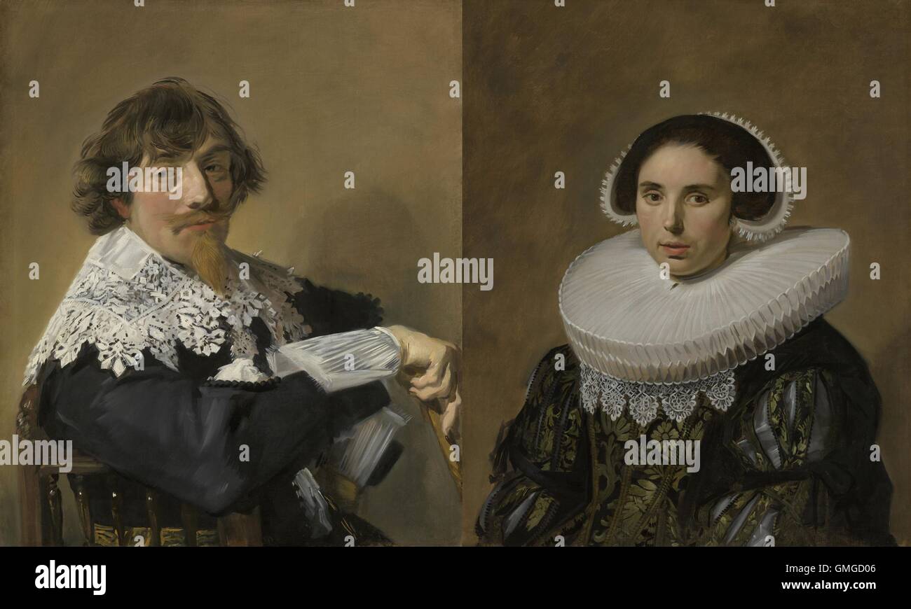 Il matrimonio ritratti di Nicolaes Hasselaer e sua moglie, da Frans Hals, 1635, pittura olandese, olio su tela. Hasselaer, un birraio e capitano principali dell'esercito in Amsterdam (BSLOC 2016 3 66) Foto Stock