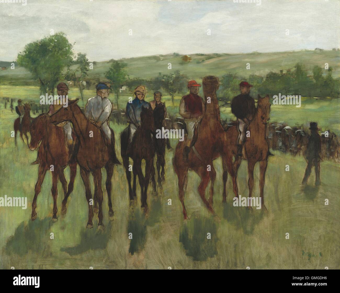 I Cavalieri di Edgar Degas, 1885, impressionista francese pittura, olio su tela. Degas catturato un momento di passaggio con il movimento dei cavalli e i colori dei fantini' uniformi (BSLOC 2016 5 157) Foto Stock