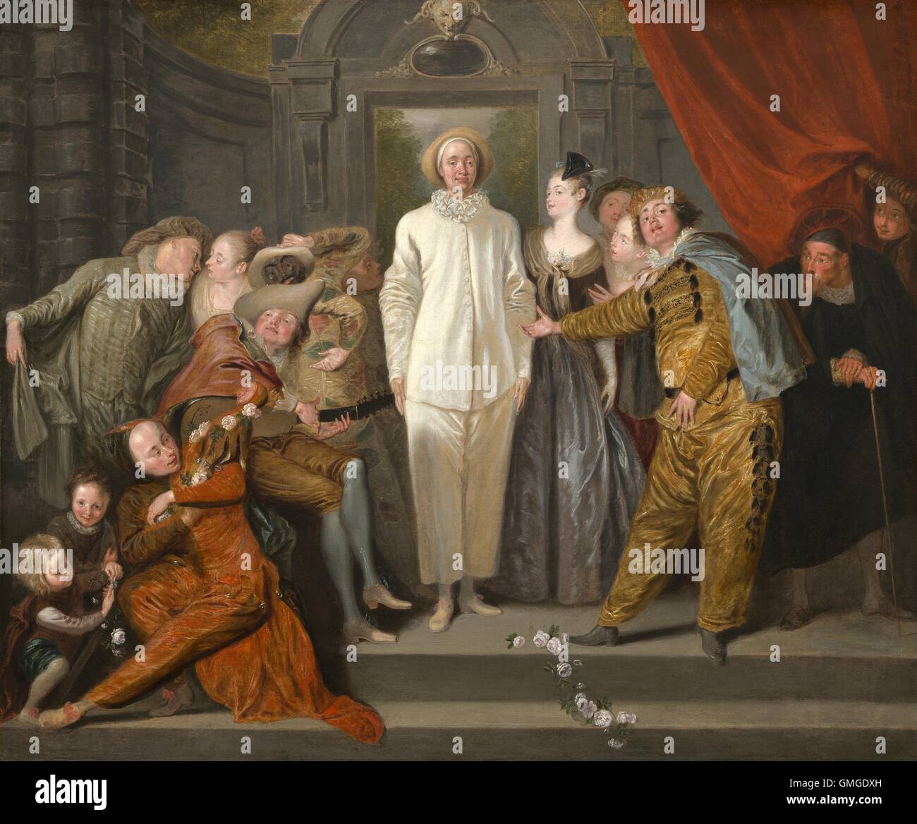 I Comici italiani, da Antoine Watteau, 1720, la pittura francese, olio su tela. Una troupe della popolare italiana comedy attori fiancheggia la figura centrale del Pierrot. Pierrot, era il semplice-mente e sfortunato amante che era quella più umana di 'commedia dell'arte (BSLOC 2016 5 22) Foto Stock