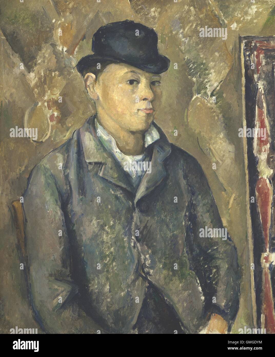 L'artista del figlio Paolo di Paul Cezanne, 1885-90, Francese Post-Impressionist pittura, olio su tela. I moduli della pittura di sfondo non sono dipinte come oggetti coesiva. Triangolare di forme geometriche emergere dalla curva del braccio destro e il backgr (BSLOC 2016 5 233) Foto Stock
