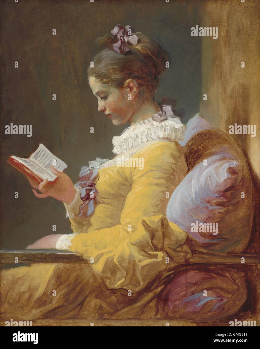Ragazza giovane di lettura si Jean-Honore Fragonard, c. 1770, la pittura  francese, olio su tela. La ragazza del vestito e il cuscino sono verniciati  Foto stock - Alamy