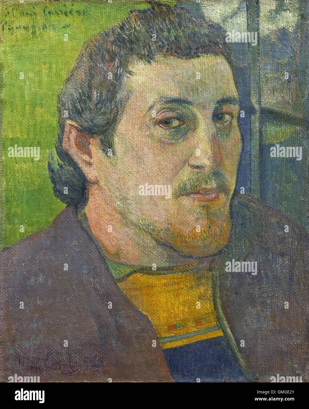 Autoritratto dedicato a carriere, da Paul Gauguin, 1888-89, Francese Post-Impressionist pittura, olio su tela. Gauguin dipinse questo autoritratto come un dono ai compagni di artista, simbolista, Eugene Carriere (BSLOC 2016 5 267) Foto Stock