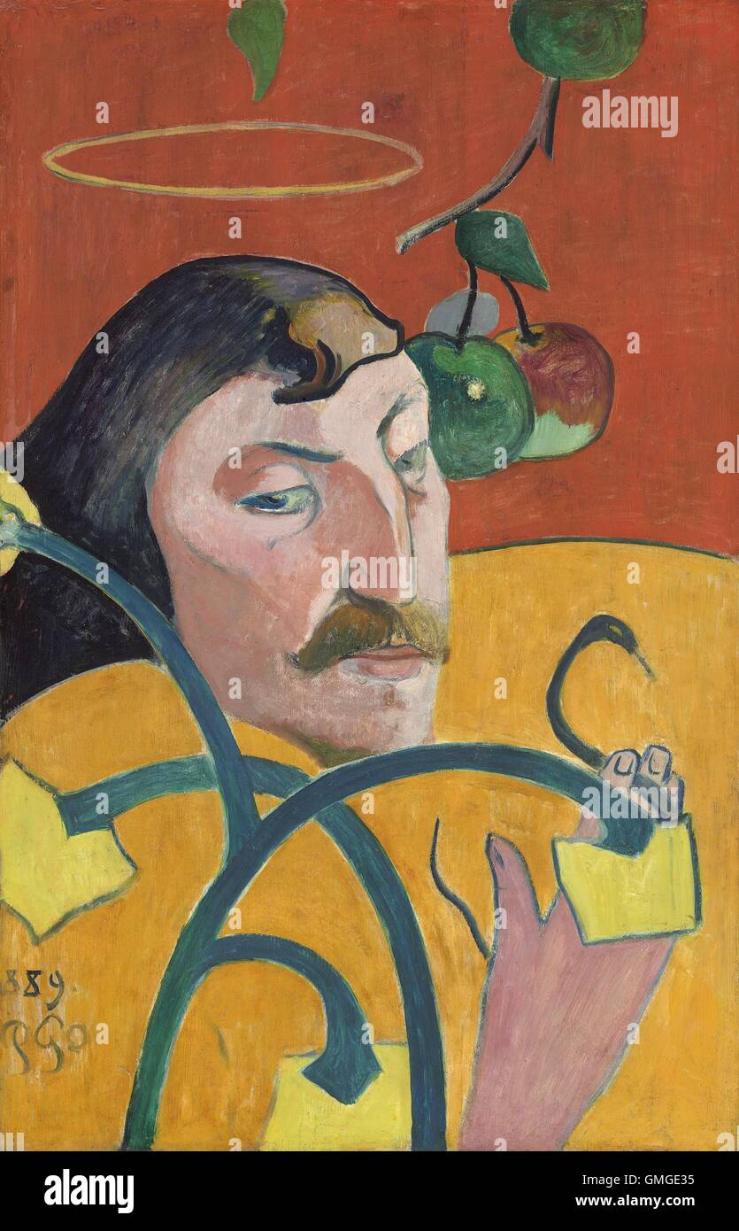 Autoritratto, da Paul Gauguin, 1889, francese Post-Impressionist pittura, olio su pannello di legno Gauguin disincarnata della testa e una mano galleggianti con i simboli del bene e del male e il cielo e l'inferno. Egli costruisce la superficie con grandi aree di colore rosso intenso e yell (BSLOC 2016 5 268) Foto Stock