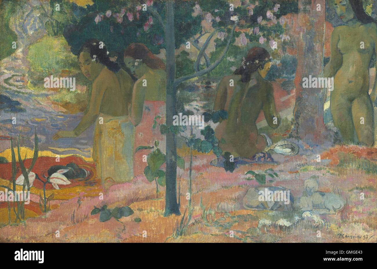 I bagnanti di Paul Gauguin, 1897, francese Post-Impressionist pittura, olio su tela. Verniciate durante l'artista della seconda vacanza a Tahiti, mostra quattro donne vicino e in acqua in un ambiente tropicale e dentro. Verniciato con colore sfumato, ha liberamente stru (BSLOC 2016 5 276) Foto Stock