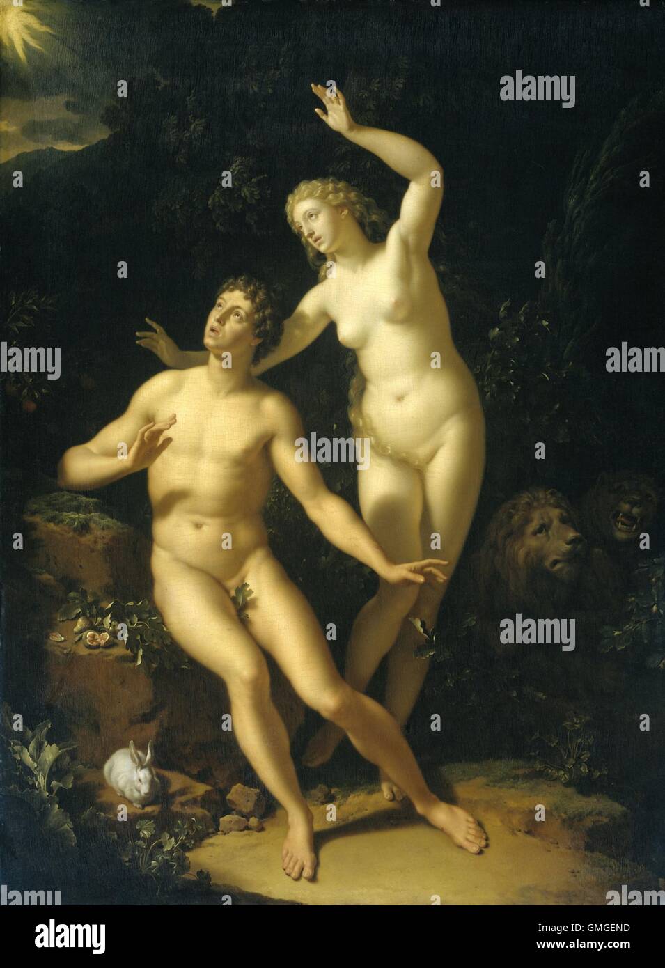 Dio tiene Adamo ed Eva responsabile, da Adriaen van der Werff, 1717, pittura olandese, olio su pannello. Adamo ed Eva vibrare come Dio li chiama per tenere in considerazione la caduta dell uomo (BSLOC 2016 6 219) Foto Stock