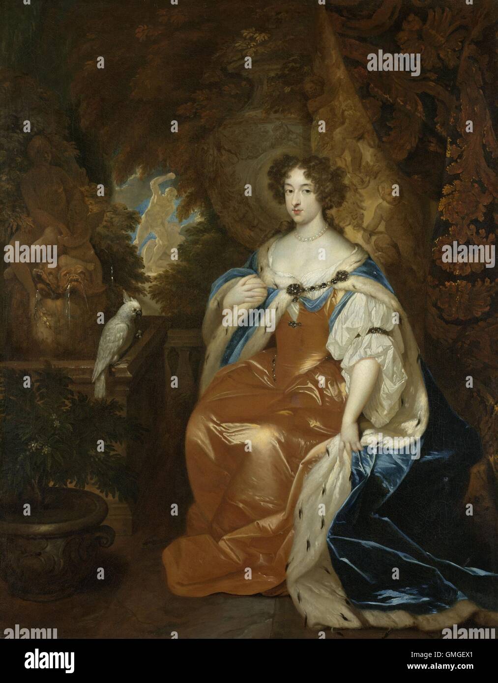 Ritratto di Maria Stuart (1662-95), moglie del principe Guglielmo III, da Caspar Netscher, c. 1680-84, pittura olandese, olio su tela. La futura regina d Inghilterra, nelle vesti di ruolo come principessa di Orange e la contessa di Nassau. Nel 1689, la gloriosa rivoluzione posta (BSLOC 2016 6 266) Foto Stock