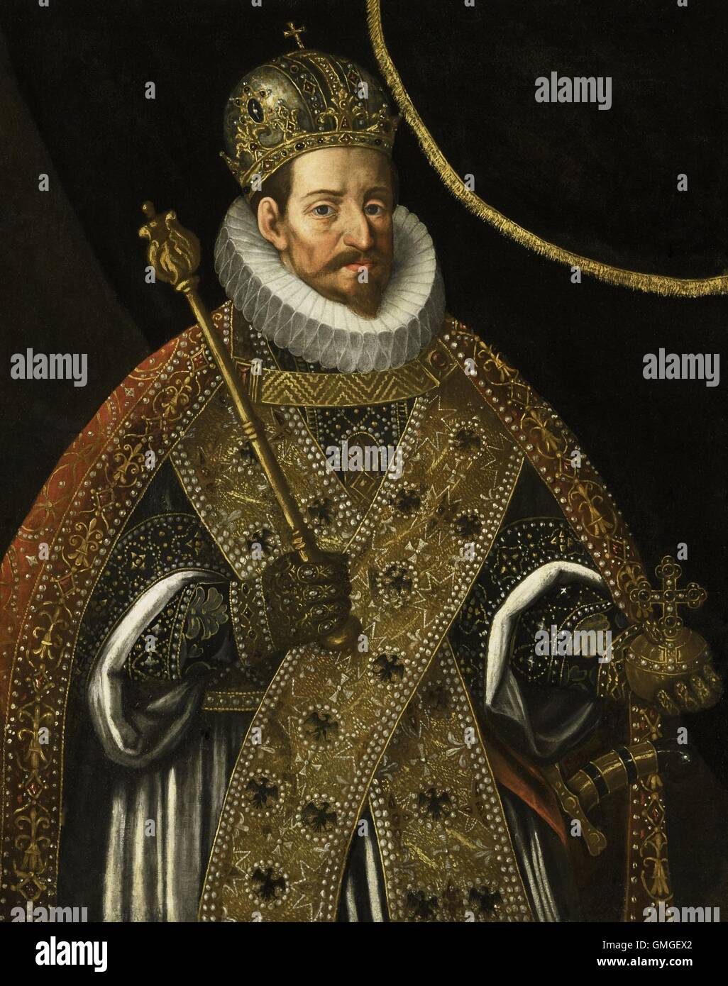 Matthias, Imperatore del Sacro Romano Impero, Hans von Aachen (dal cerchio di), 1600-25, pittura tedesca, olio su tela. Mattia fu re di Ungheria, Croazia e Boemia. Egli era il governatore generale delle province del Nord dal 1578 fino al 1581, quando essi (BSLOC 2016 6 267) Foto Stock