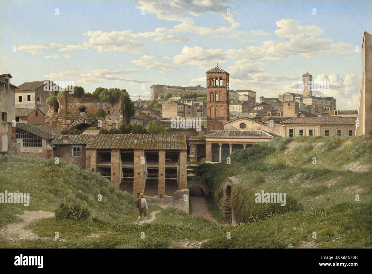 Vista della Cloaca Maxima, Roma, da Christoffer Wilhelm Eckersberg, 1814, pittura danese, olio su tela. Archi sotterranei dell'antico Romano Cloaca Maxima (più grande di fognature), il sistema fognario che scarica nel fiume Tevere (BSLOC 2016 6 292) Foto Stock