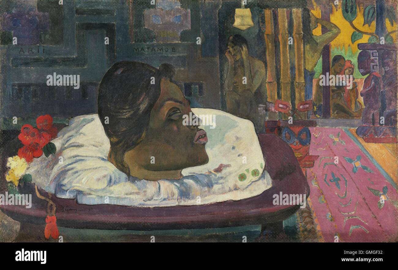 Arii Matambe (Royal fine), da Paul Gauguin, 1892, francese Post-Impressionist pittura, olio su tela. Questo dipinto è una scena fanaticized del decapitato testa umana di Tahitian re Pomare V, ritualmente visualizzato dopo la sua morte. Per Gauguin, suo deat (BSLOC 2016 6 37) Foto Stock