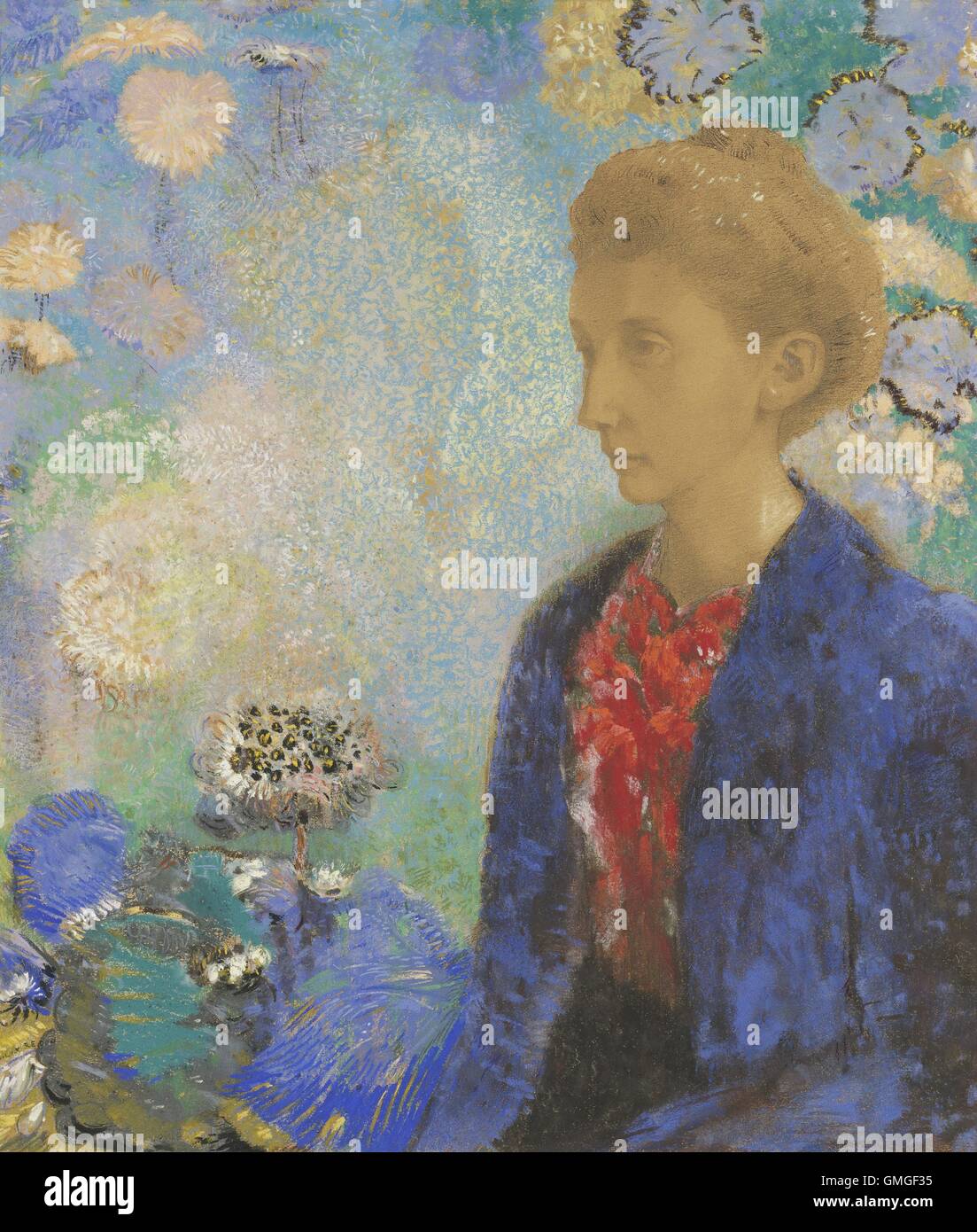 Baronne de Domecy, da Odilon Redon, 1910, Francese di pittura, disegno, pastello e grafite su carta. Il sitter della faccia monocromatica contrasta con multicolore, extraterrestre fiori galleggianti, sottolineando la baronessa' ritirata dello stato emotivo (BSLOC 2016 6 38) Foto Stock