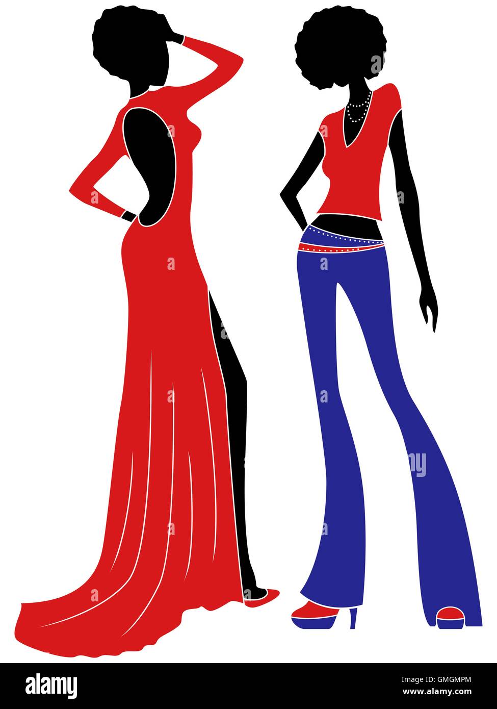 Abstract attraente esili signore in abito lungo e pantaloni del disegno a mano di colore stilizzata illustrazione vettoriale Illustrazione Vettoriale