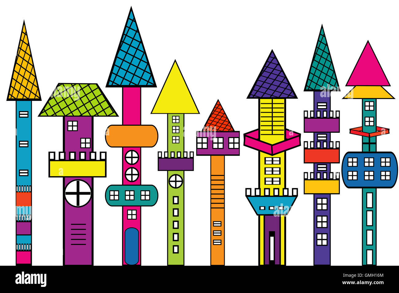 Doodle castello, stilizzata case colorate Foto Stock