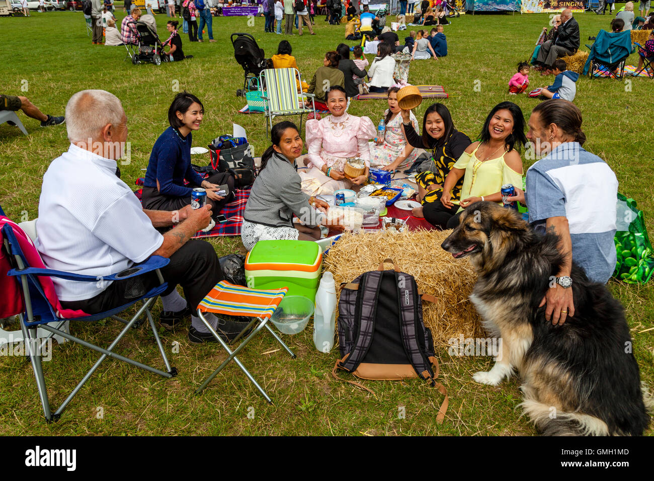 Anglo famiglie tailandese di mangiare un pic-nic durante l annuale Brighton festival Tailandese, Preston Park, Brighton, Sussex, Regno Unito Foto Stock