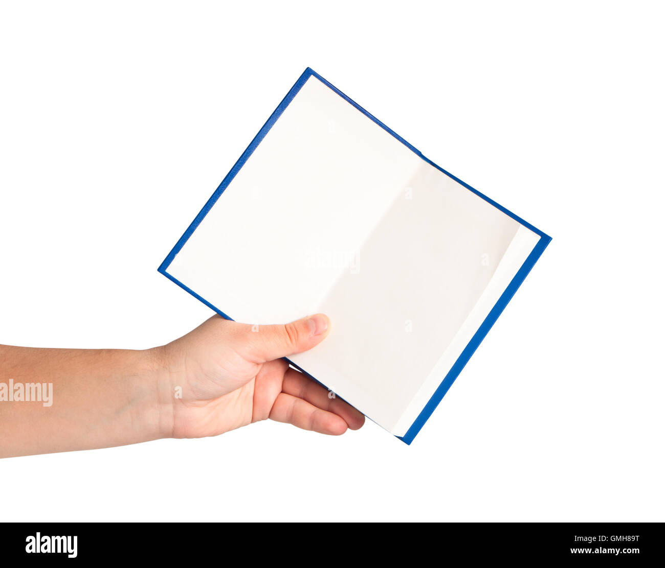 Libro aperto in mano isolati su sfondo bianco. Foto Stock