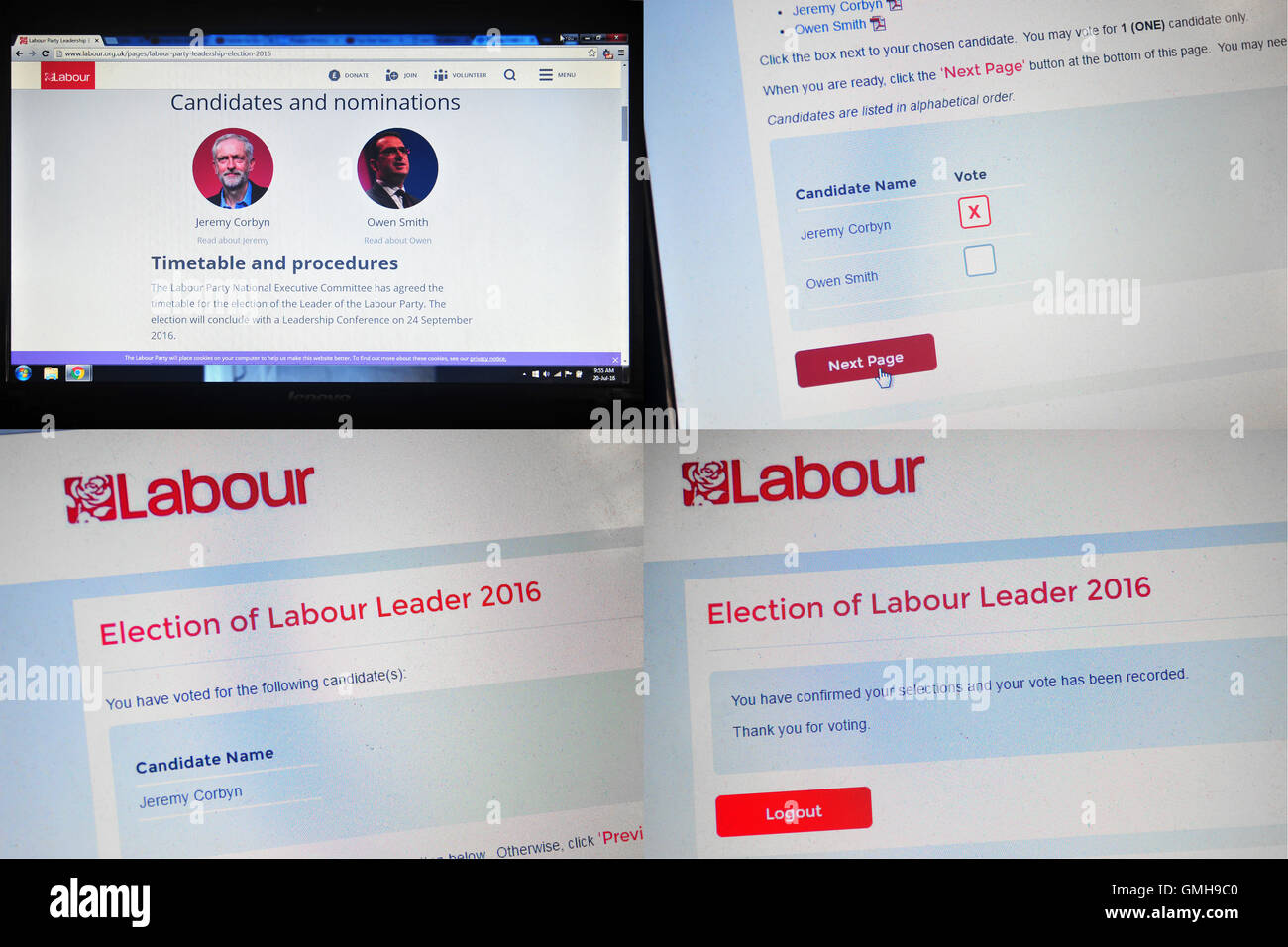Istantanee dello schermo di processo di votazione online per eleggere il nuovo leader del partito laburista nel 2016. Foto Stock