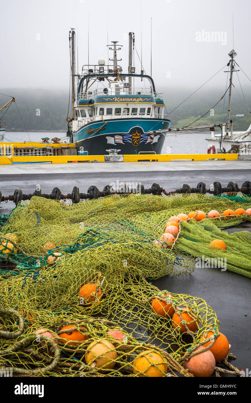 Gli attrezzi da pesca e le imbarcazioni al Cape Broyle, Terranova e Labrador, Canada. Foto Stock