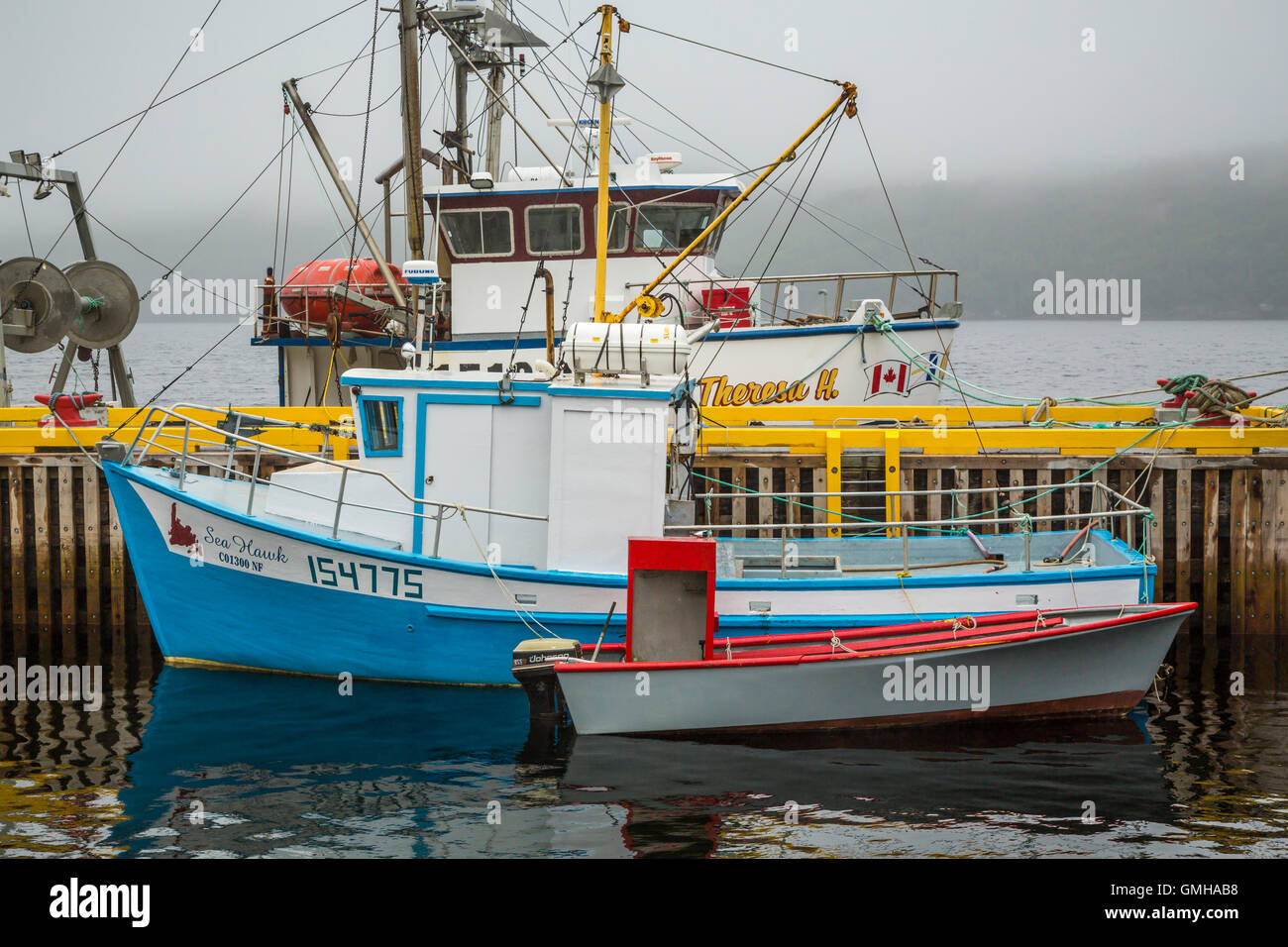 Gli attrezzi da pesca e le imbarcazioni al Cape Broyle, Terranova e Labrador, Canada. Foto Stock