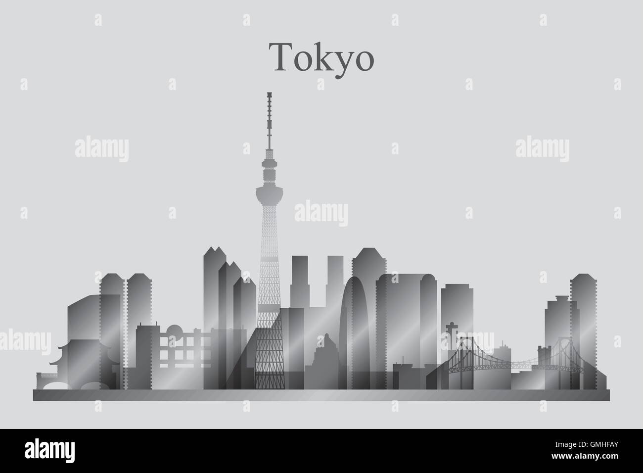 Il Tokyo City skyline silhouette in scala di grigi Illustrazione Vettoriale