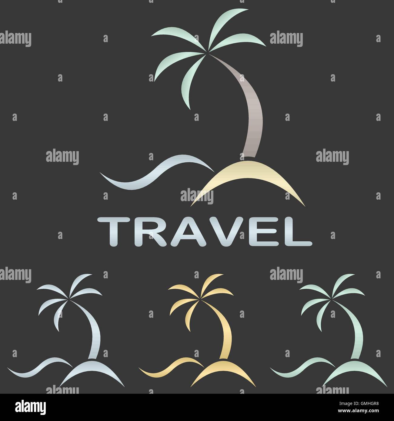 Viaggio metallica logo design modello - spiaggia, Palm tree, mare Illustrazione Vettoriale