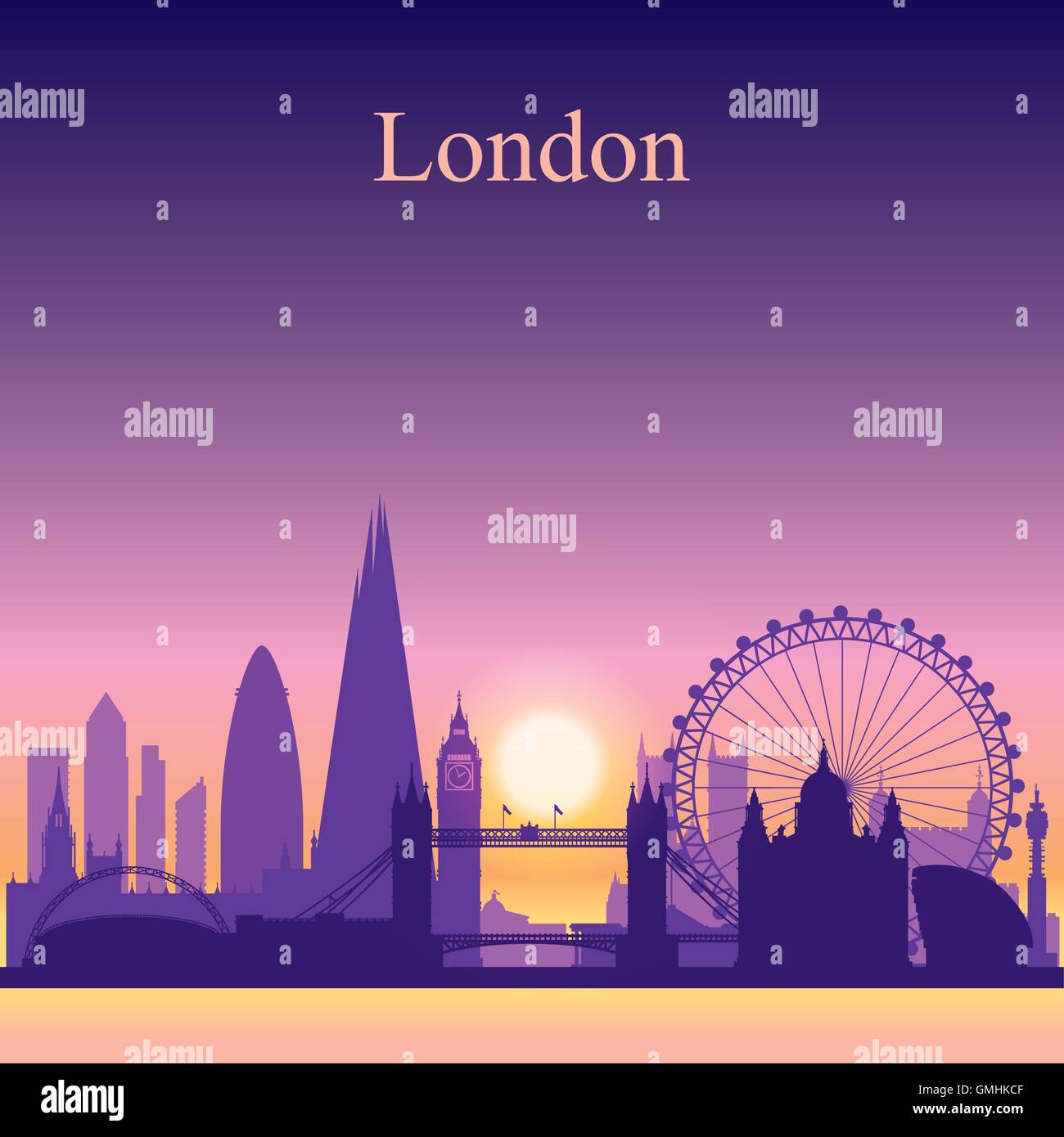 London city skyline silhouette su sfondo al tramonto Illustrazione Vettoriale