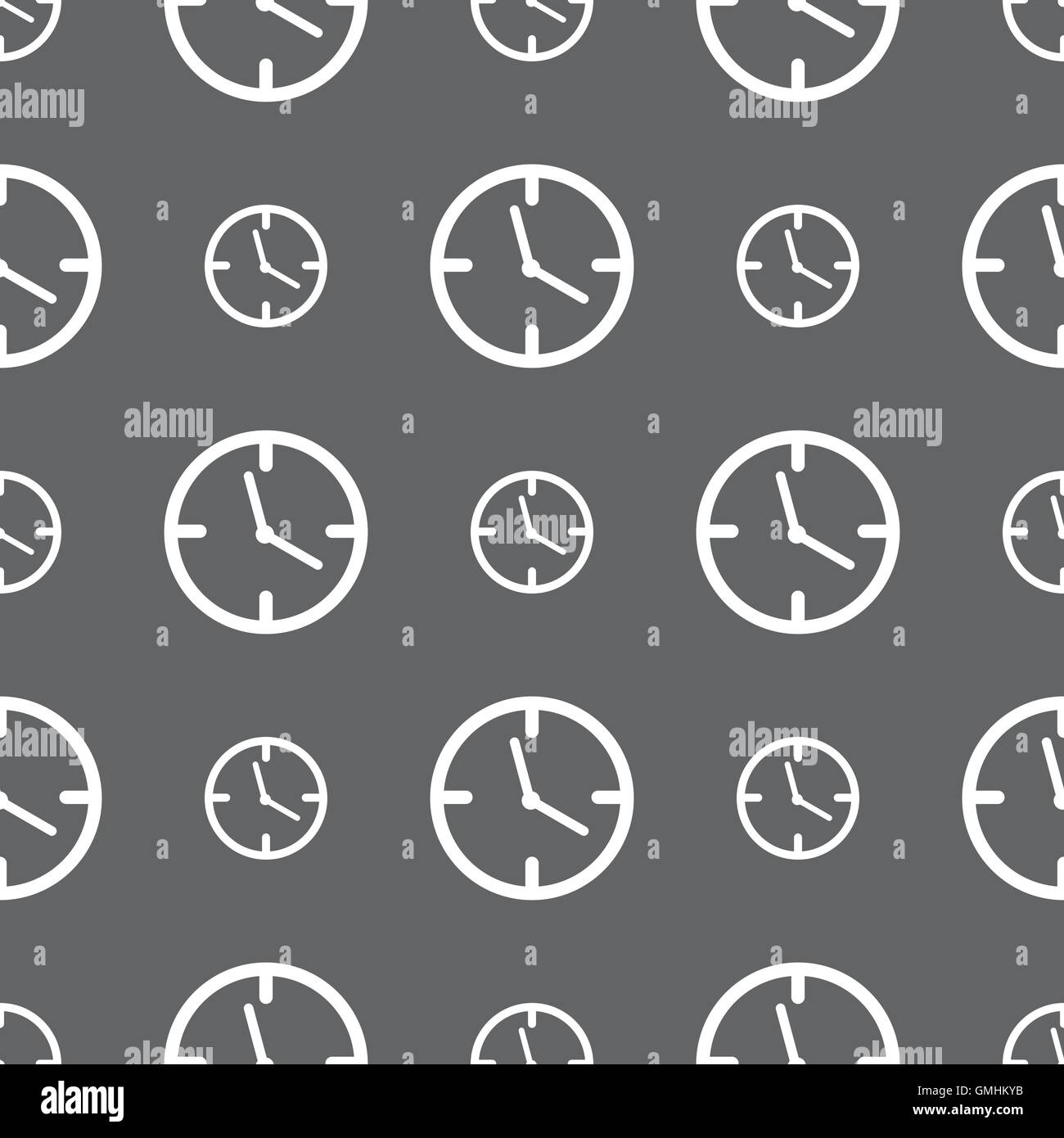 Orologio icona segno. Orologio meccanico simbolo. Seamless pattern su uno sfondo grigio. Vettore Illustrazione Vettoriale