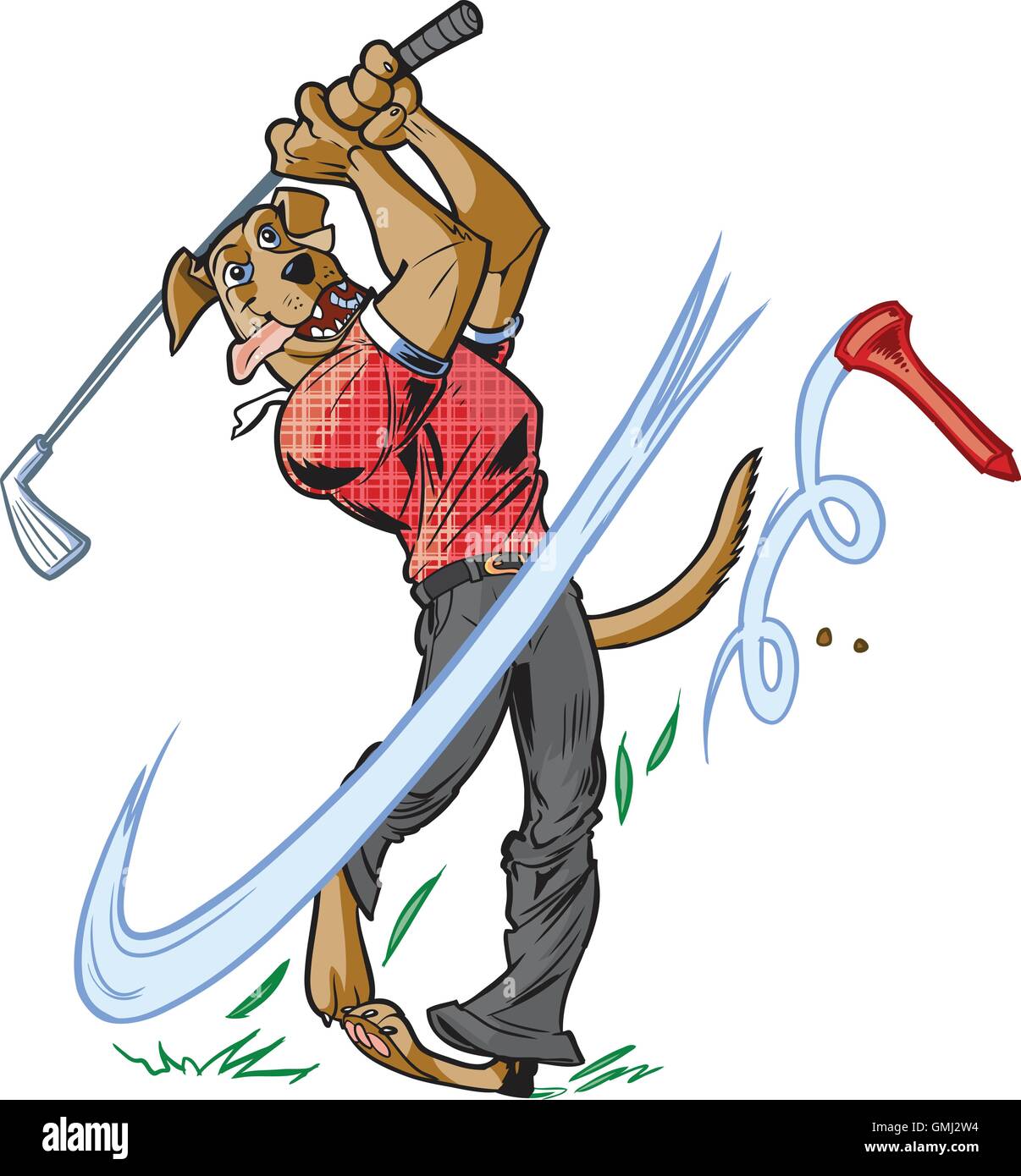 Vector cartoon clip art illustrazione di un marrone antropomorfo cane mascotte indossando una maglietta e pantaloni oscillazione un golf club. Illustrazione Vettoriale
