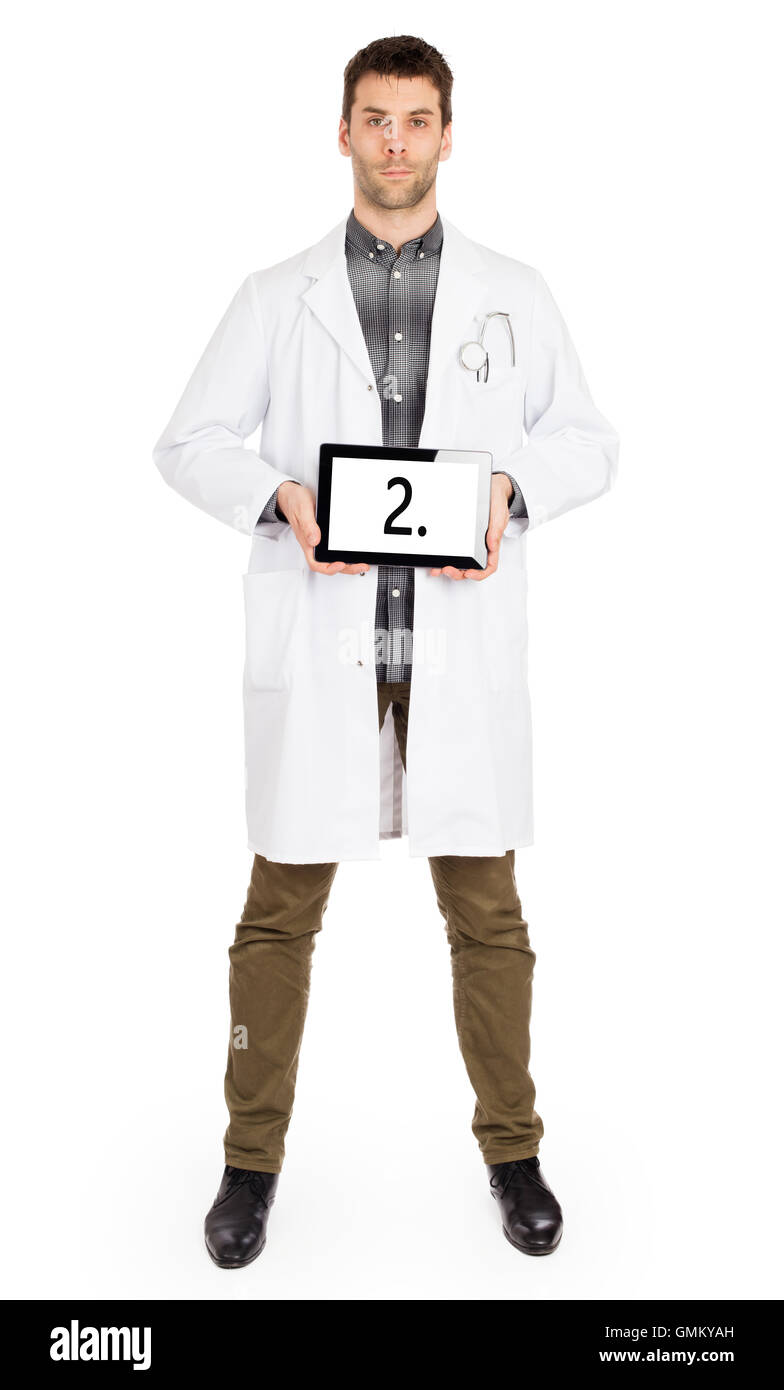 Medico tenendo compressa, isolato su bianco - Numero 2 Foto Stock