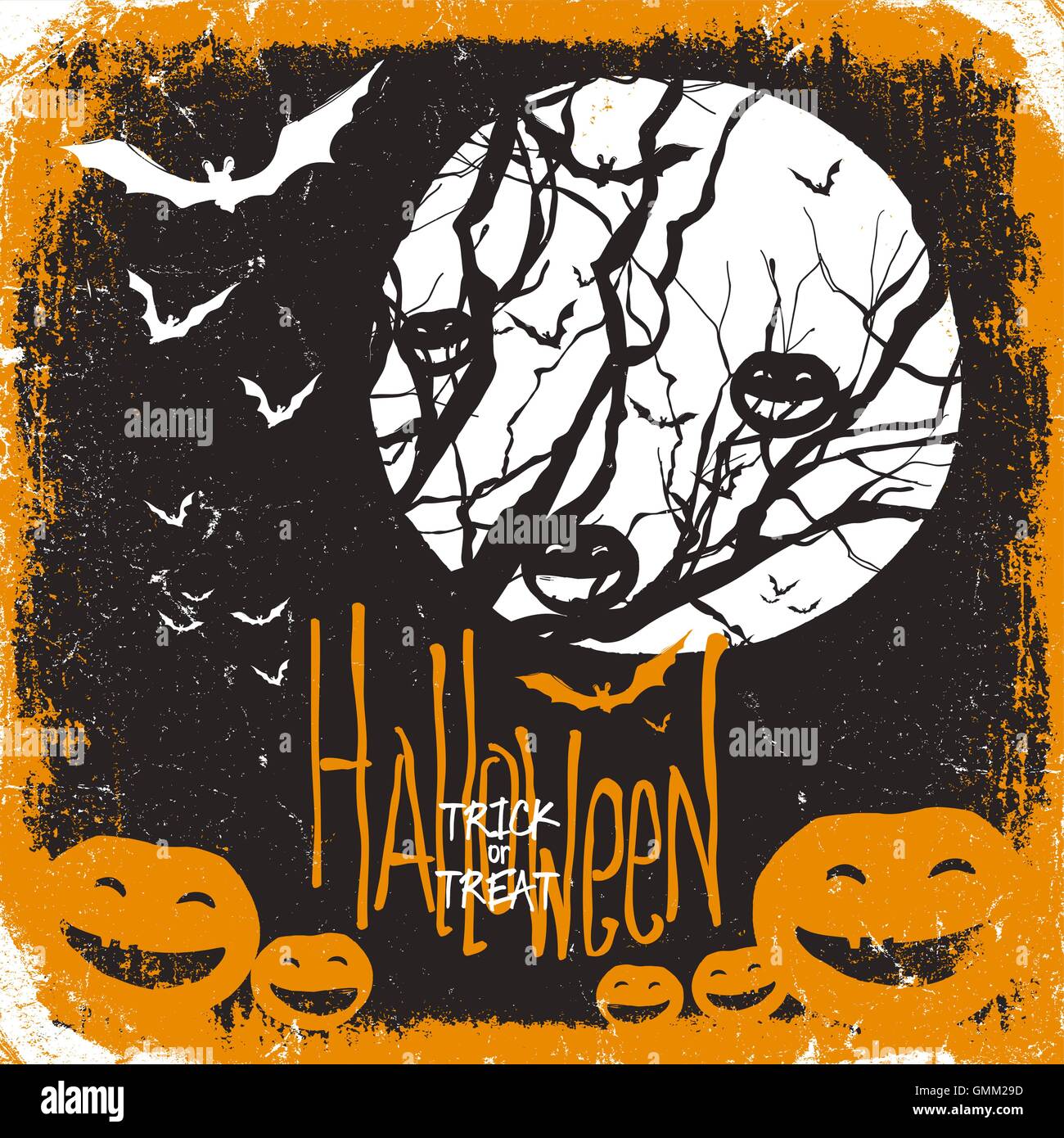 Halloween illustrazione vettoriale. Albero secco, luna piena e zucche Illustrazione Vettoriale