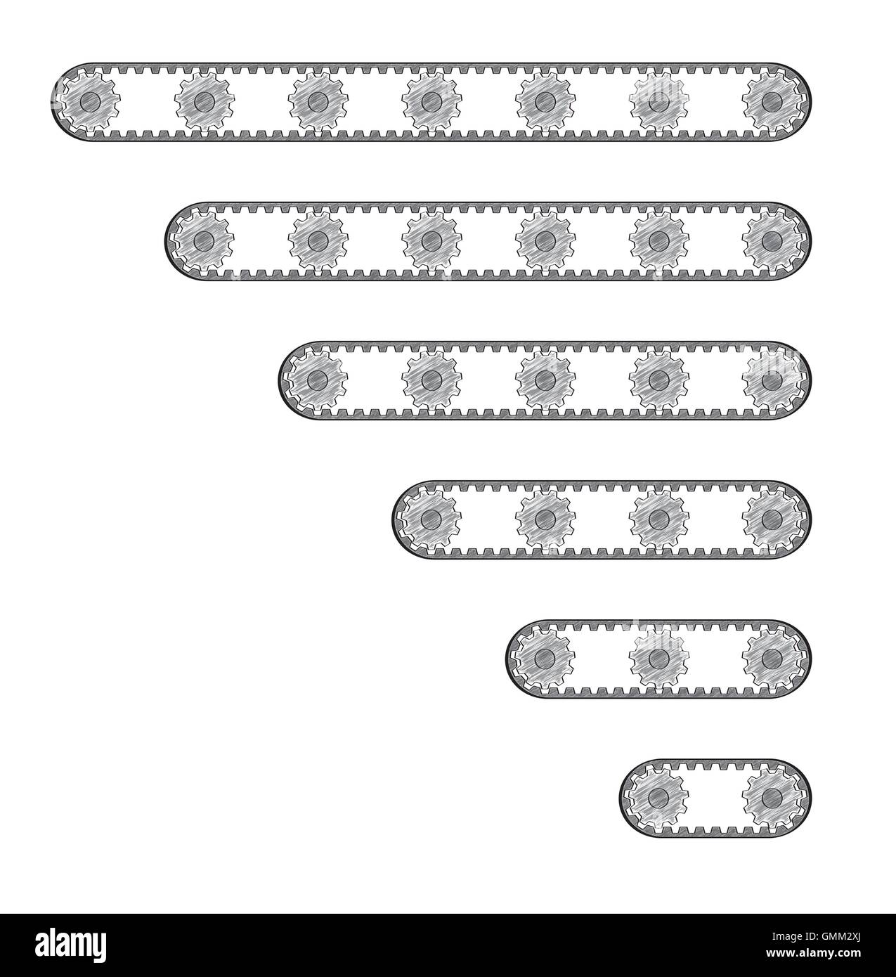 Sei nastri trasportatori con tante ruote dentate Illustrazione Vettoriale