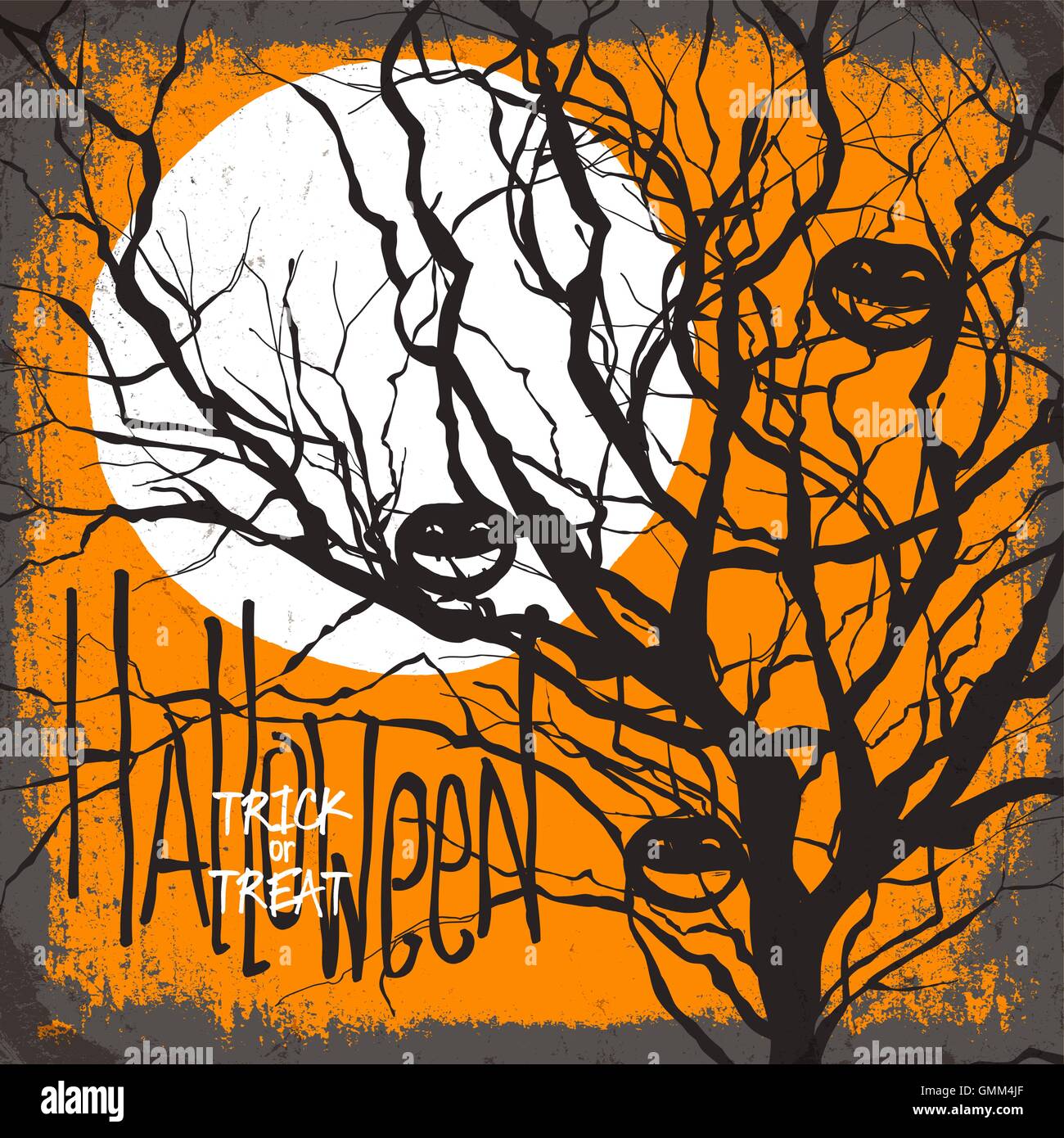 Halloween illustrazione vettoriale. Albero secco, luna piena e zucche. Illustrazione Vettoriale