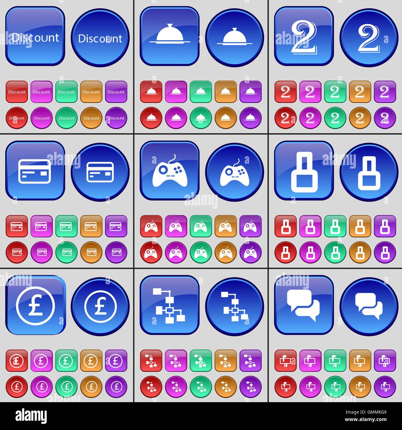 Sconto, vassoio, Due, carta di credito, gamepad, Otto Pound, rete di Chat. Un grande insieme di multi-pulsanti colorati. Vettore Illustrazione Vettoriale