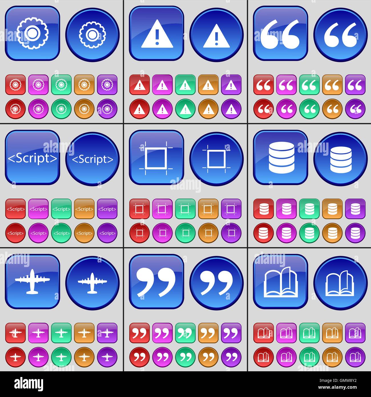 Ingranaggio, Avvertenza, virgolette, Script, telaio, Database, aereo, libro. Un grande insieme di multi-pulsanti colorati. Vettore Illustrazione Vettoriale