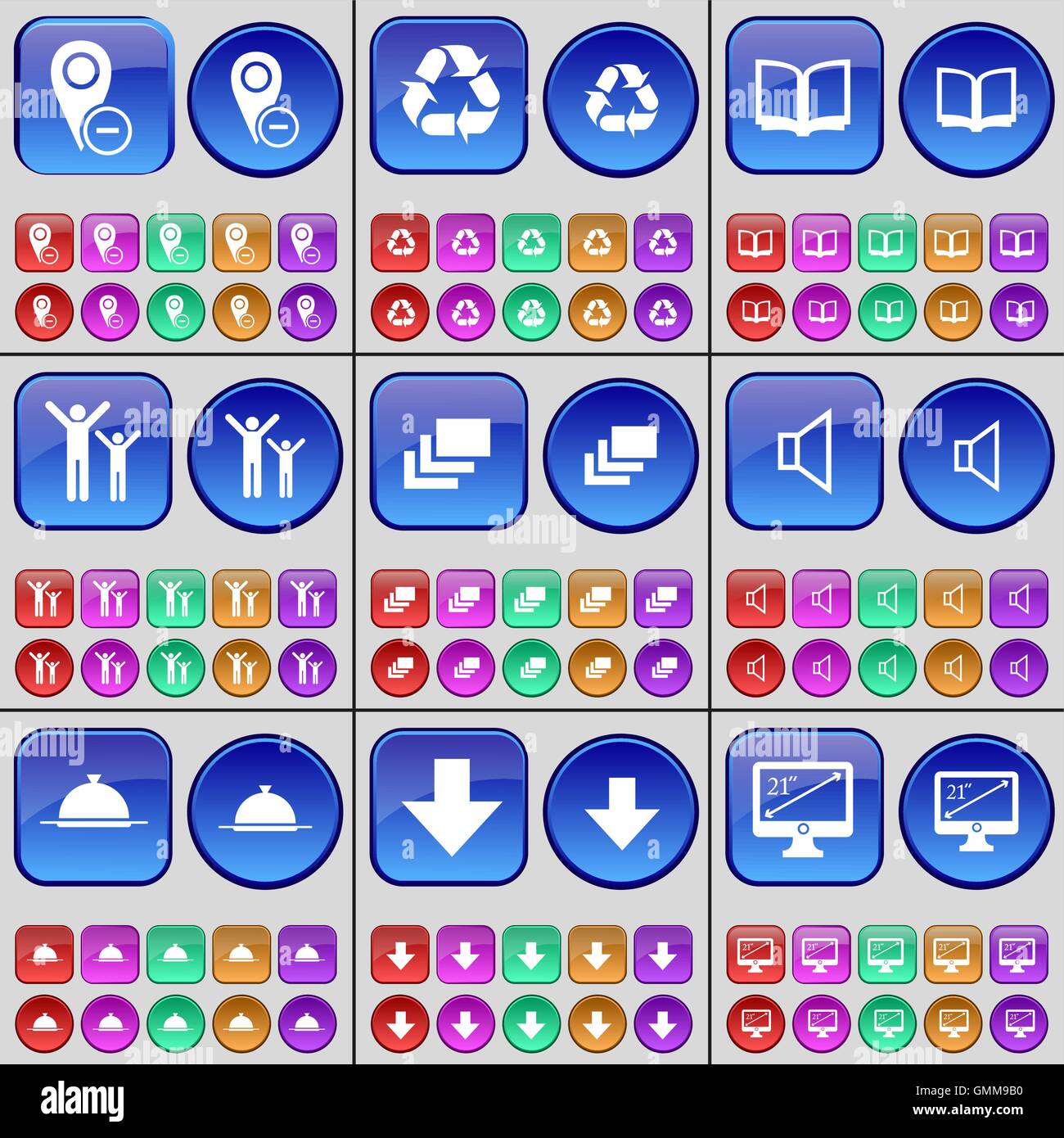 Checkpoint, riciclaggio, Prenota, Silhouette, Galleria, suono, vassoio, Freccia giù, Monitor. Un grande insieme di multi-pulsanti colorati. Vettore Illustrazione Vettoriale
