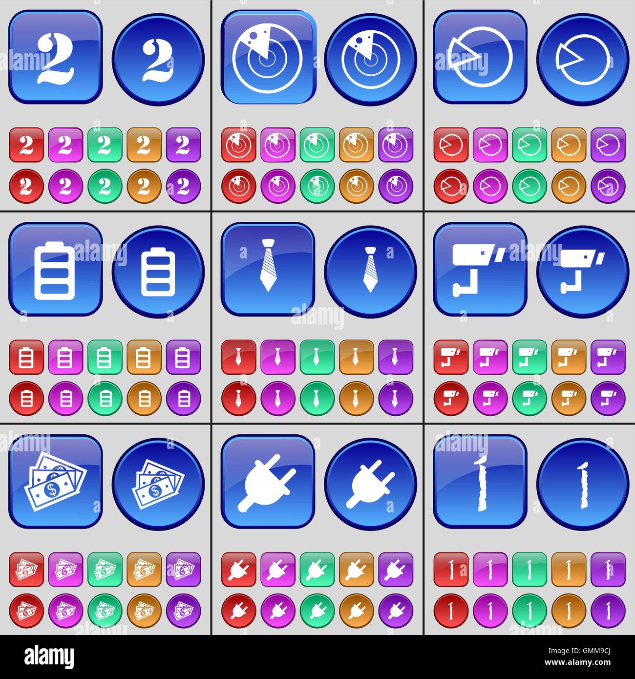 Due, Radar, Diagramma, Batteria, Tie, TVCC, denaro, Socket, I. Un grande insieme di multi-pulsanti colorati. Vettore Illustrazione Vettoriale