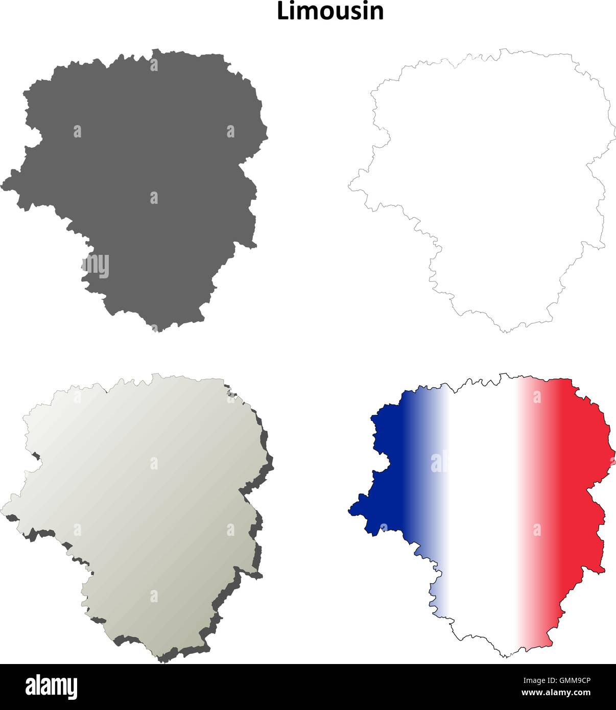 Limousin blank dettagliata mappa di contorno impostato Illustrazione Vettoriale