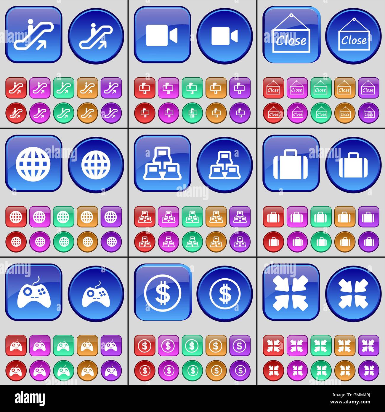 Escalator, Cinepresa, chiudere, Globe, rete, valigia, gamepad, Dollaro, distribuzione di schermo. Un grande insieme di multi-pulsante colorato Illustrazione Vettoriale