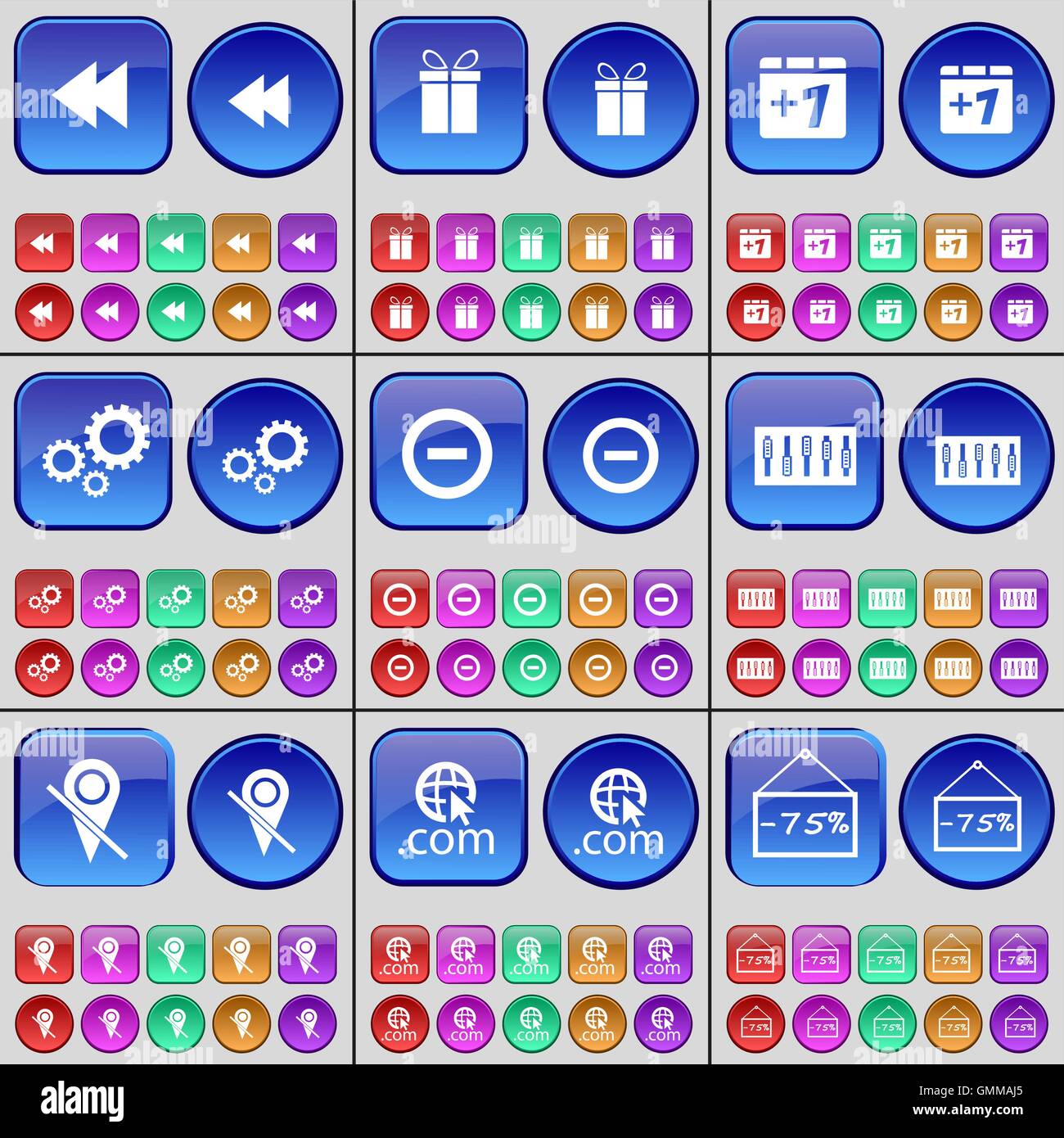 Riavvolgi, dono, più uno, marcia, meno, equalizzatore, Checkpoint, dominio di sconto. Un grande insieme di multi-pulsanti colorati. Vettore Illustrazione Vettoriale