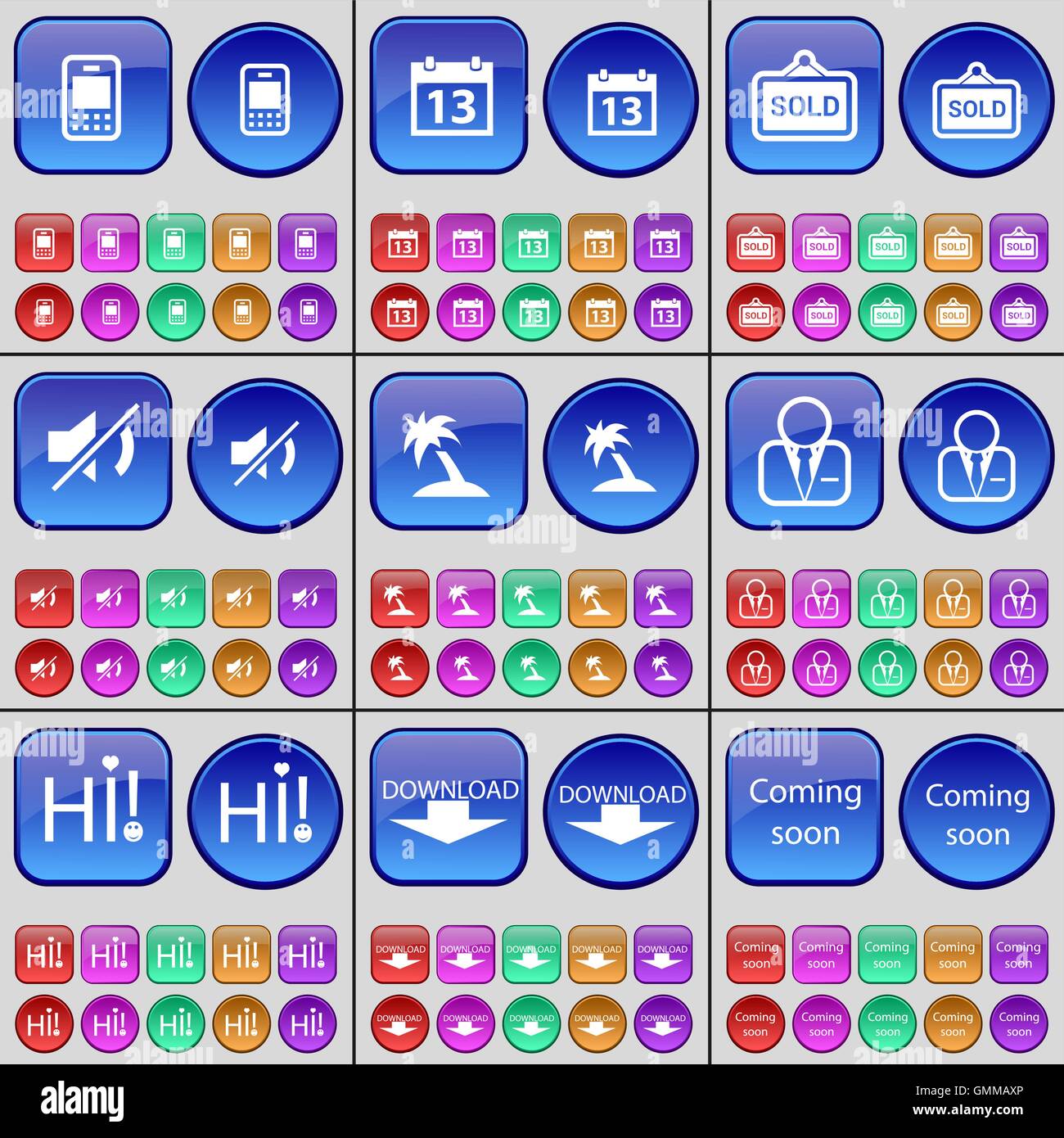 Il telefono cellulare e il calendario, venduti, Mute, Palm, avatar, Hi, Download, presto disponibile. Un grande insieme di multi-pulsanti colorati. Vettore Illustrazione Vettoriale